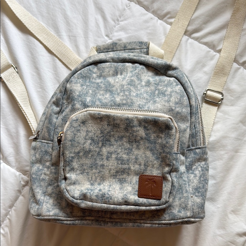 Cute Light Blue and Cream Fabric Mini Backpack